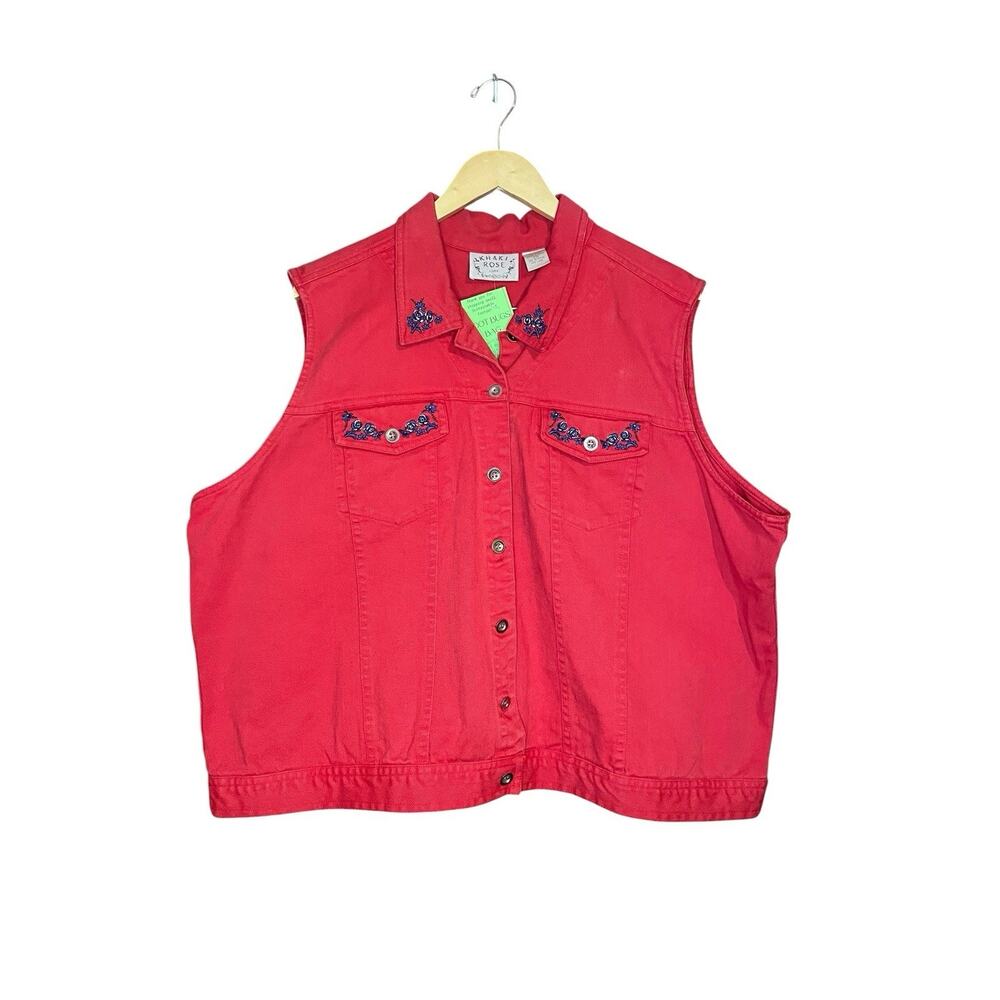 Vintage Red Denim Vest 2X 100% Cotton Floral Embroidered 90s Khaki Rose